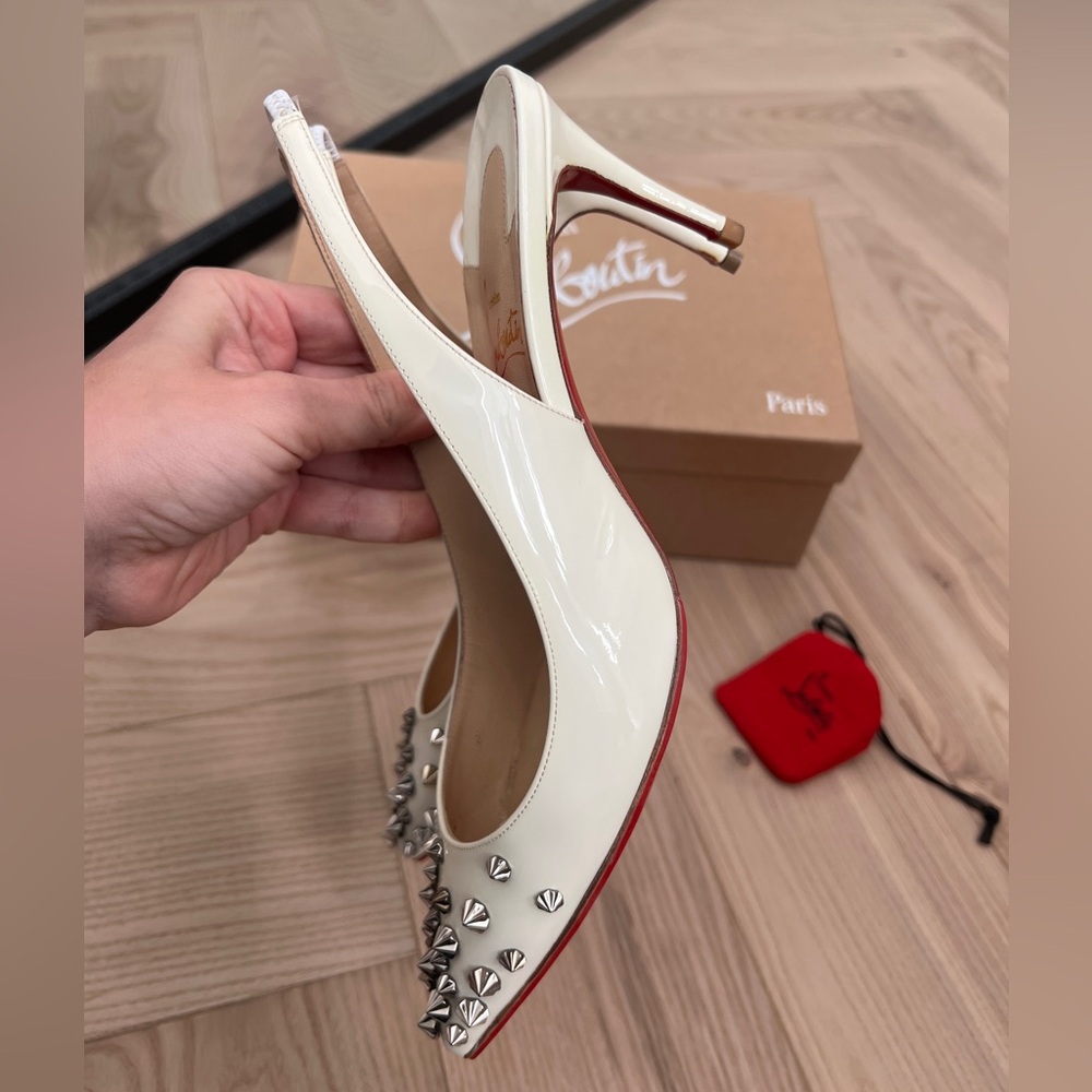 Christian Louboutin White Studded Slingback Heels with Red Soles - Picture 5 of 7